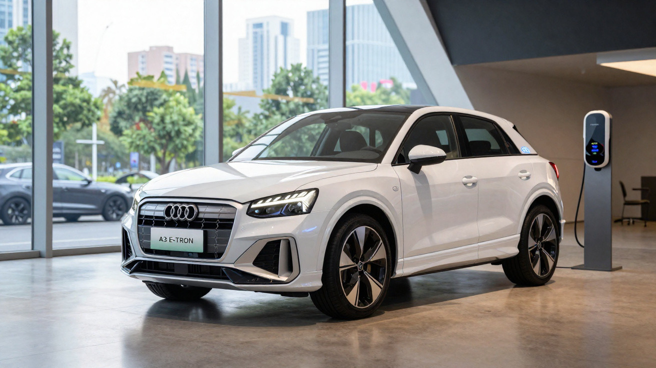 White Audi A3 e-tron electric SUV parked indoors next to a charging station with city buildings in the background.