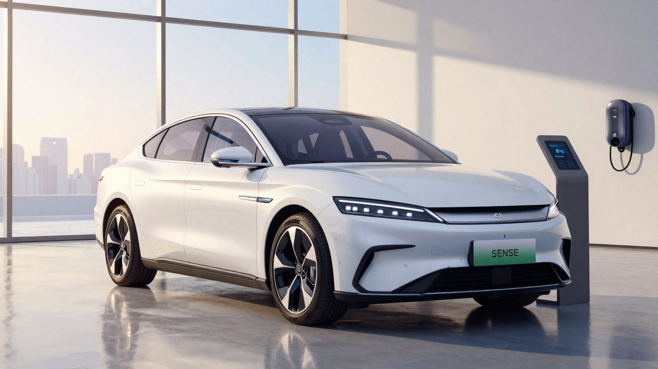 White modern electric car parked indoors next to a digital charging station by large windows.