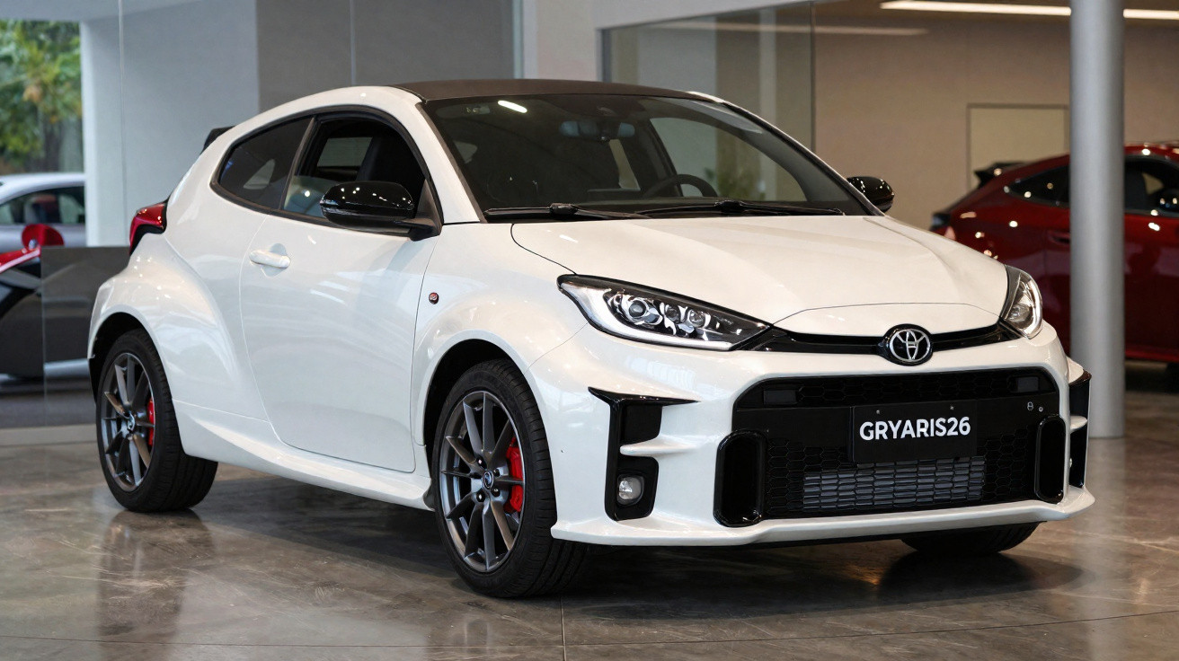 White Toyota GR Yaris sports hatchback displayed indoors on shiny floor