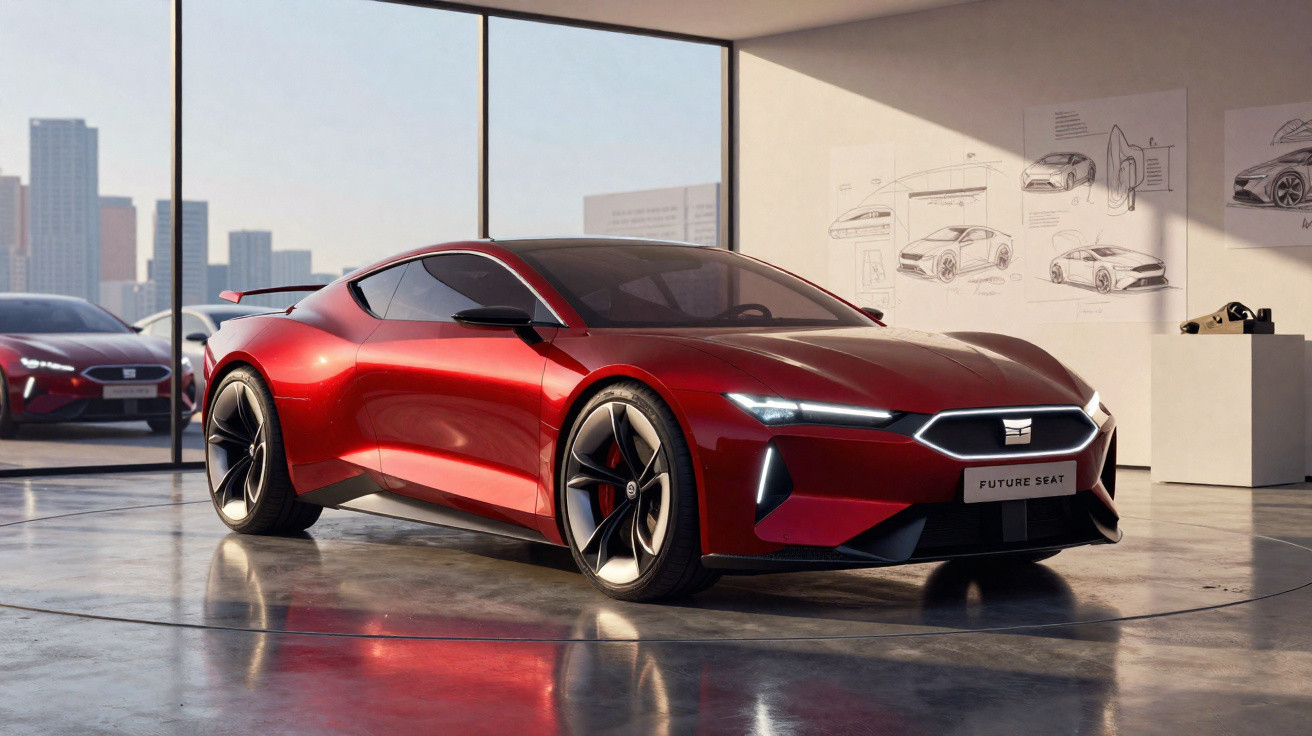 Sleek red SEAT concept car in a modern showroom with design sketches on the wall and cityscape visible outside.