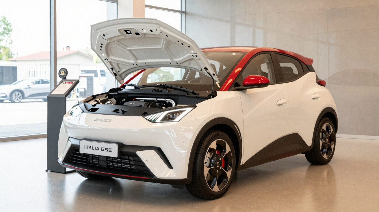 White and red Italia GSE electric car with open front hood displayed indoors in showroom.