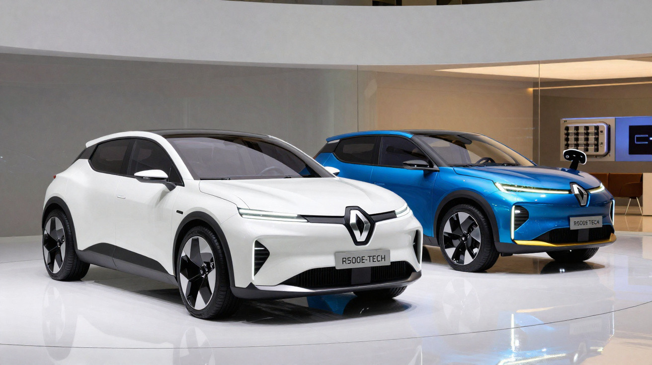 Two futuristic Renault electric cars, one white and one blue, displayed in a sleek indoor showroom.