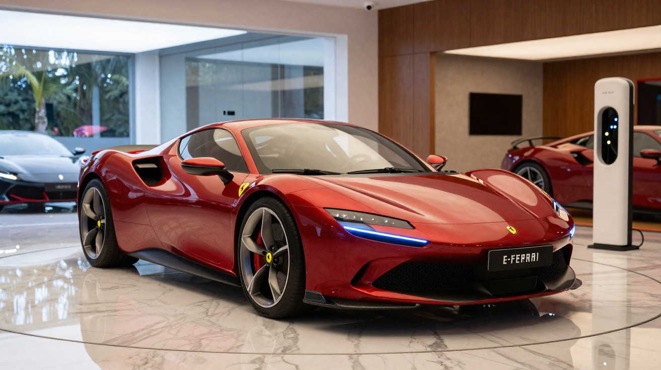 Red Ferrari electric sports car displayed indoors with charging station and another car in background.