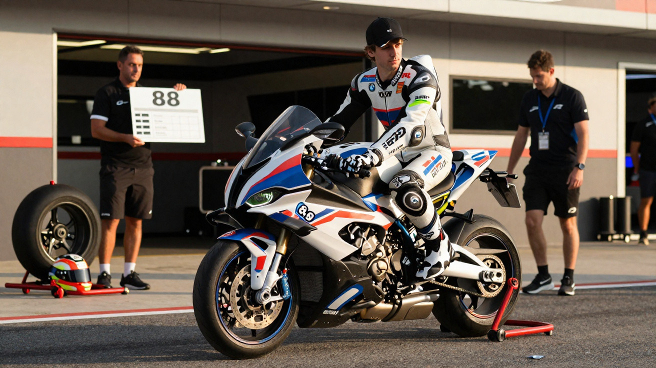 Motorcycle racer in full gear sitting on a white sports bike in a pit lane with team members nearby.