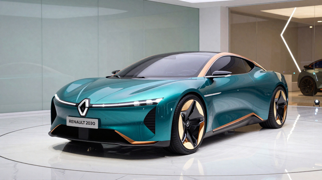 Futuristic teal Renault 2030 concept car with sleek design and gold accents displayed in showroom.
