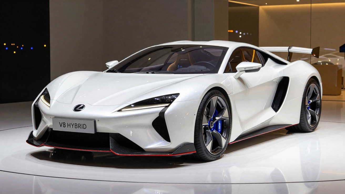 White Lexus V8 Hybrid sports car on display in a showroom with sleek aerodynamic design and black accents.