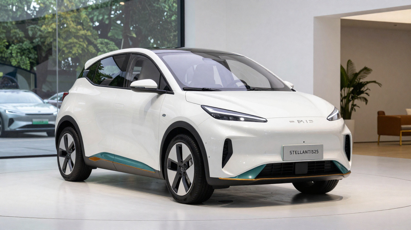 White compact electric car Stellantis 25 displayed indoors with modern design and sleek angled headlights.