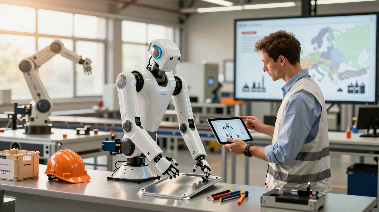 Engineer interacting with a humanoid robot using a tablet in a modern robotics laboratory.