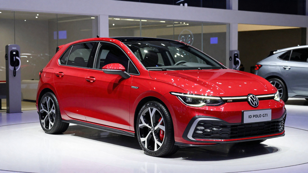 Red Volkswagen ID Polo GTI hatchback displayed indoors with modern alloy wheels and LED headlights.