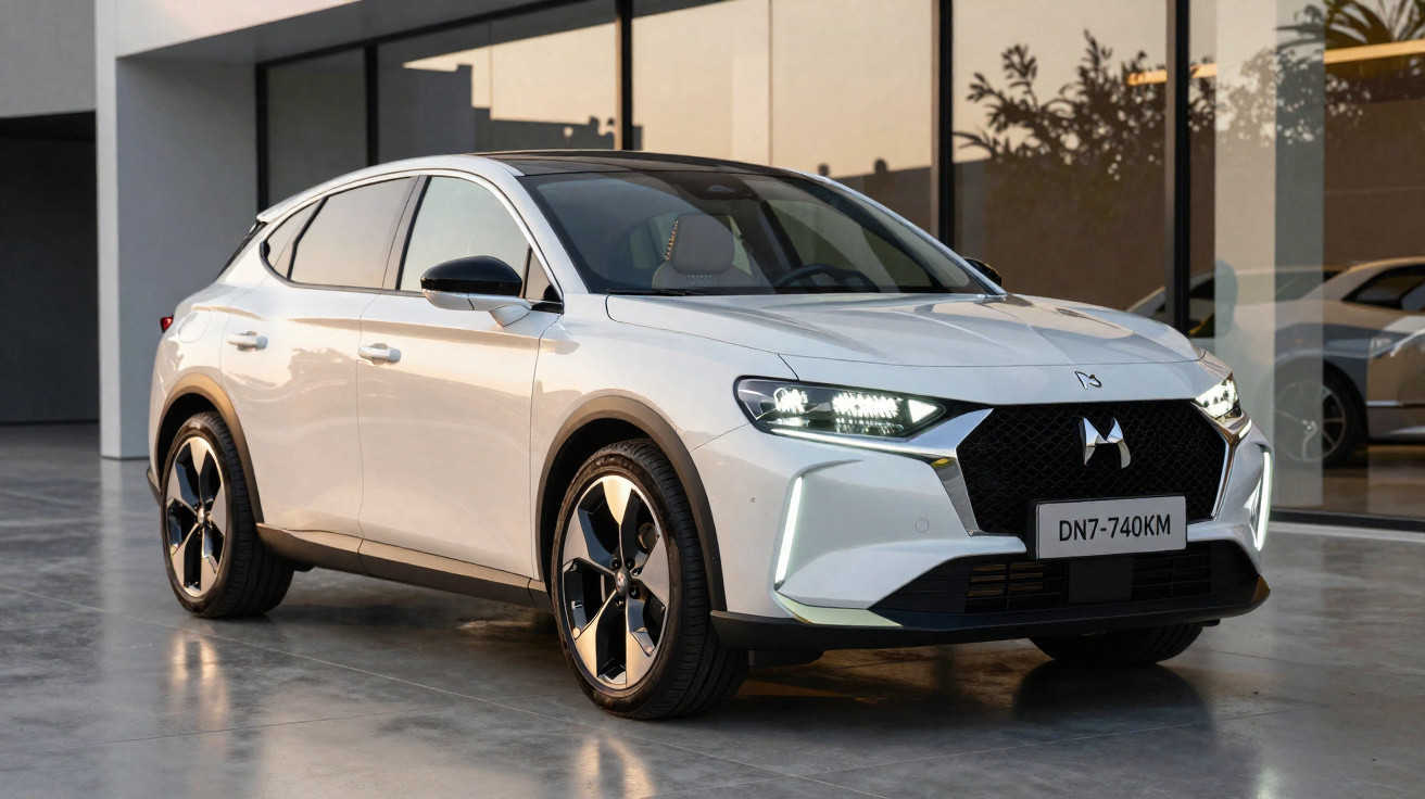 White modern electric SUV parked indoors with headlights on and reflective floor surface.