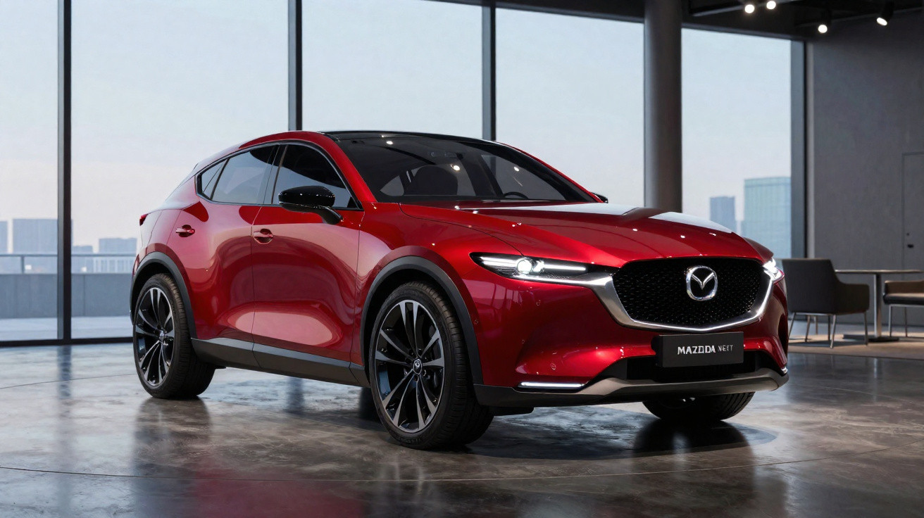 Red Mazda MX-30 electric SUV displayed in a modern showroom with large windows and city views.