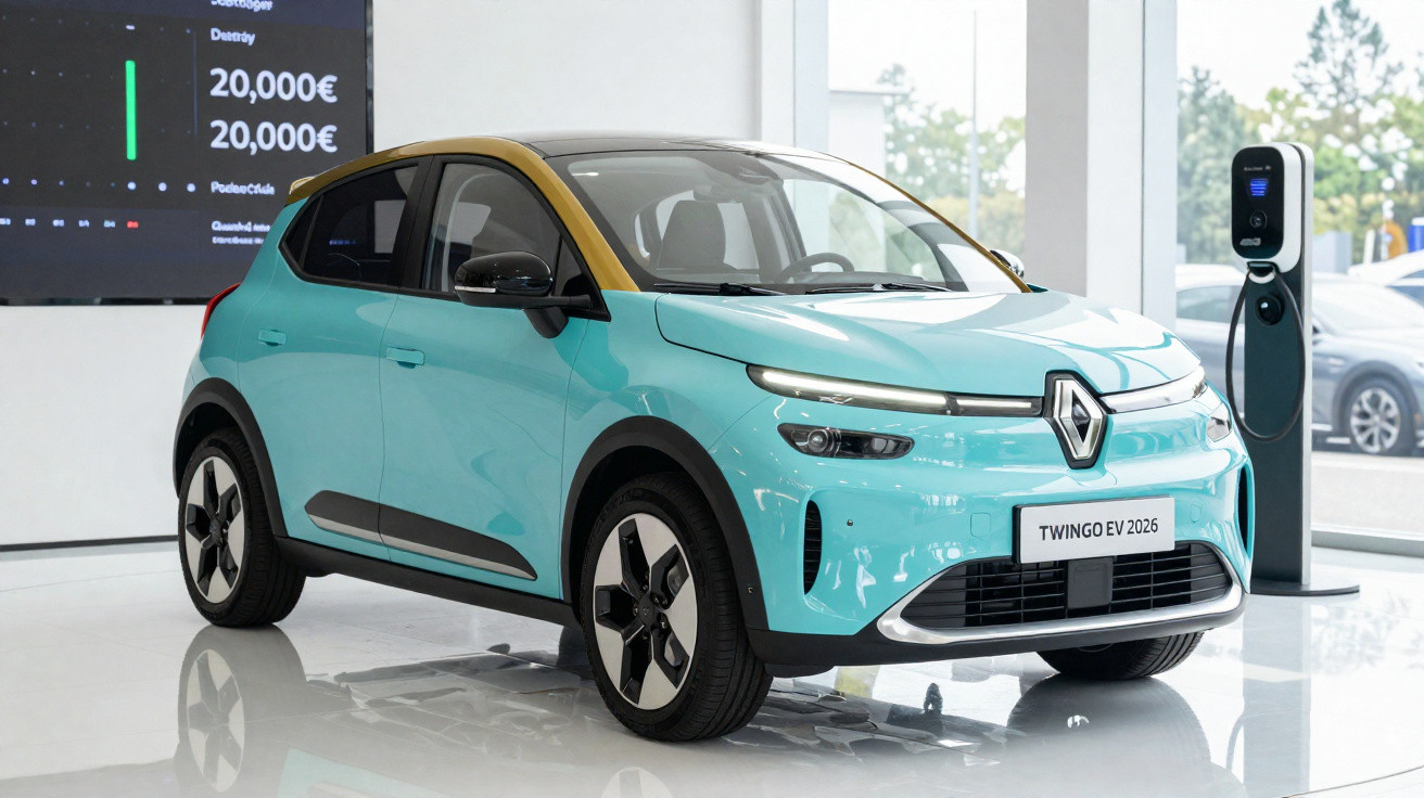 Light blue Renault Twingo EV 2026 electric car displayed indoors beside a charging station.