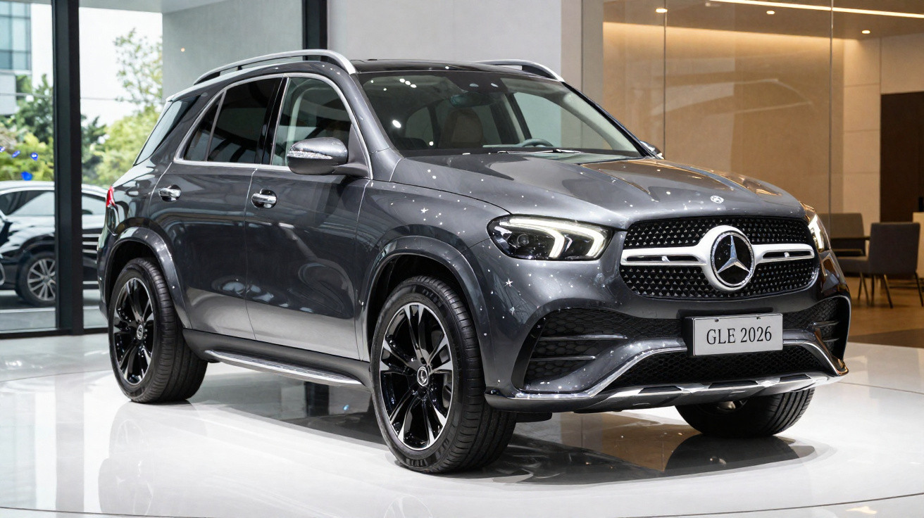 Grey Mercedes-Benz GLE 2026 model SUV displayed indoors with black alloy wheels and LED headlights.