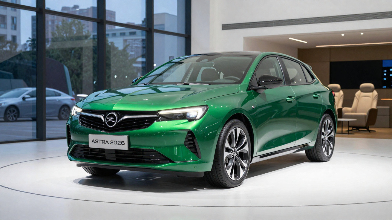 Green 2026 Opel Astra hatchback displayed in a modern showroom with large windows and seating area.
