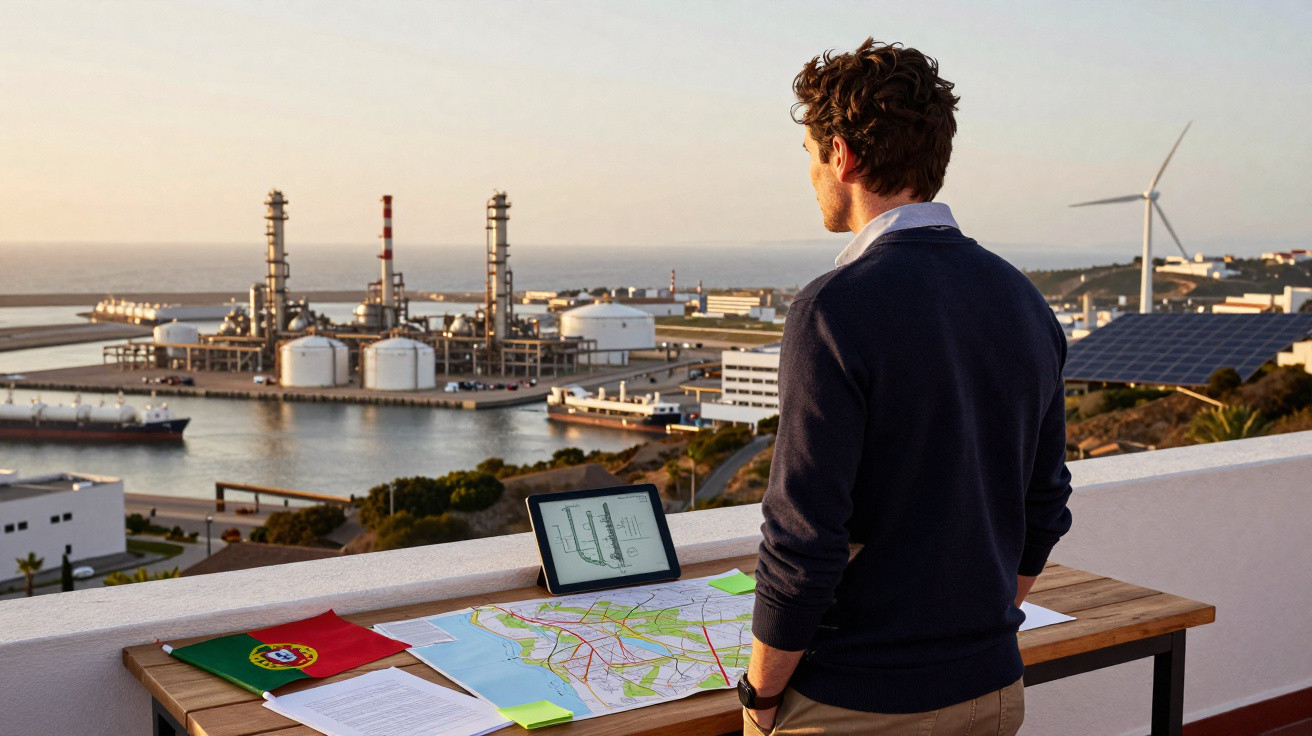 Man overlooking industrial port with maps and tablet on table, wind turbine and solar panels in background.