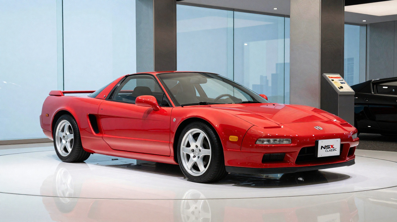 Red Acura NSX classic sports car displayed indoors on a glossy white circular platform.