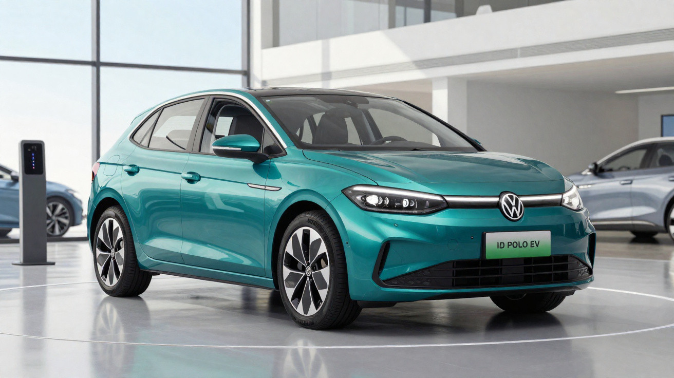 Teal Volkswagen ID. Polo EV electric car displayed in a modern showroom with large windows and polished floors.