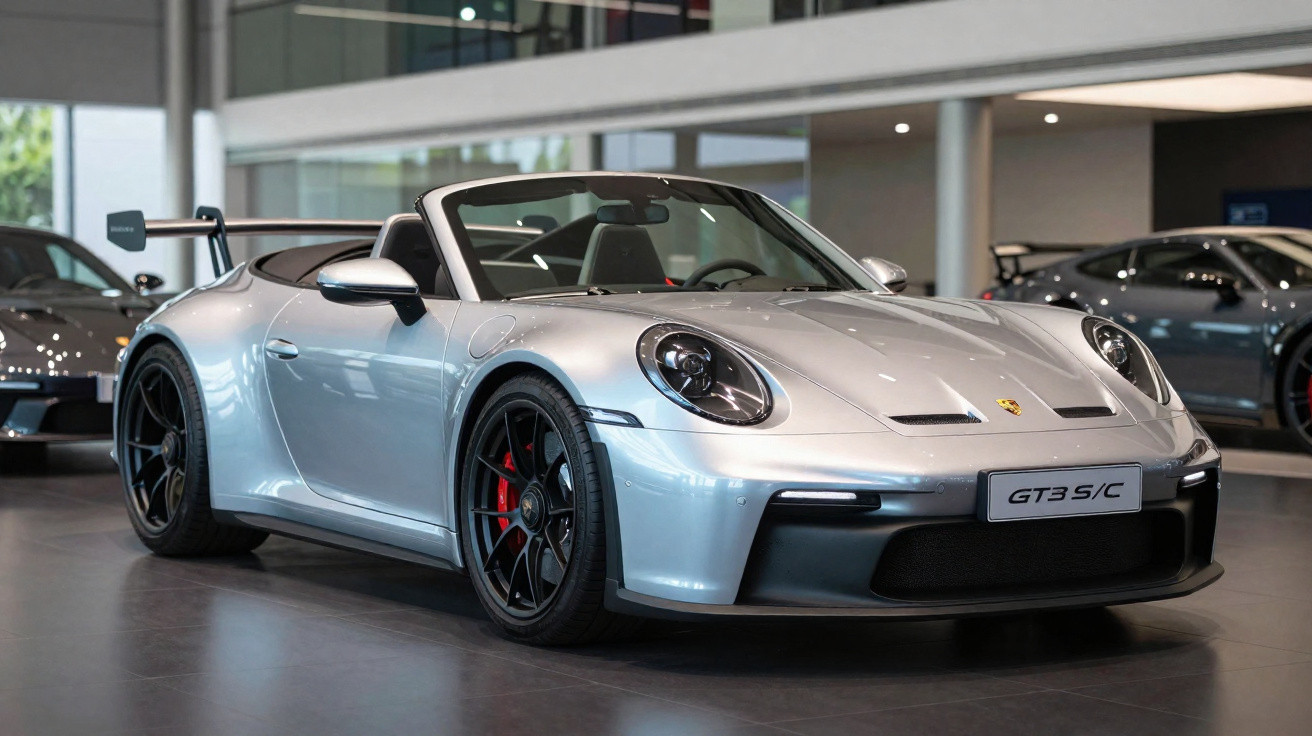 Silver Porsche 911 GT3 Sports Classic convertible displayed indoors with black alloy wheels and red brake calipers.