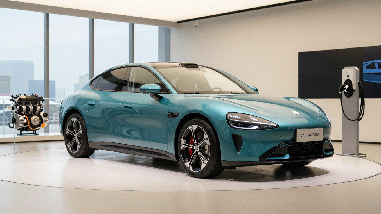 Teal electric sports car on display in showroom with charging station and cityscape visible through windows.