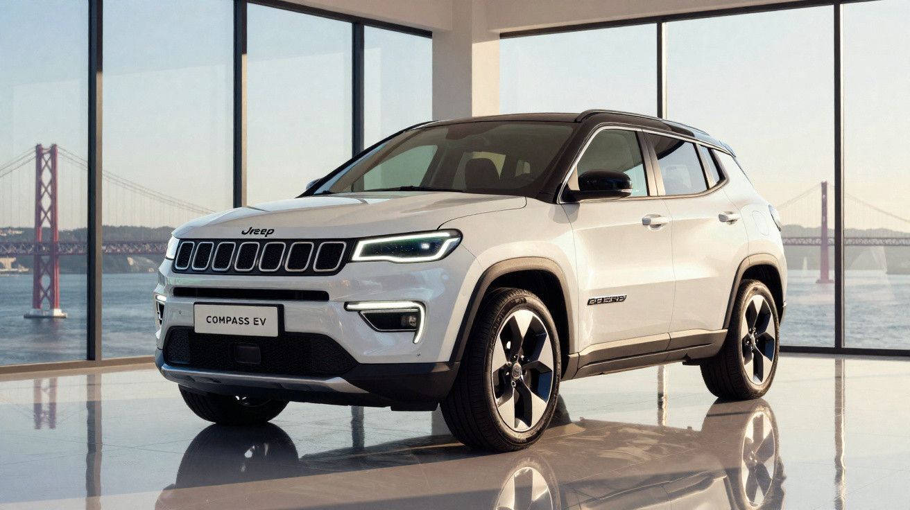 White Jeep Compass EV parked indoors with large windows showing a river and a red suspension bridge in the background.