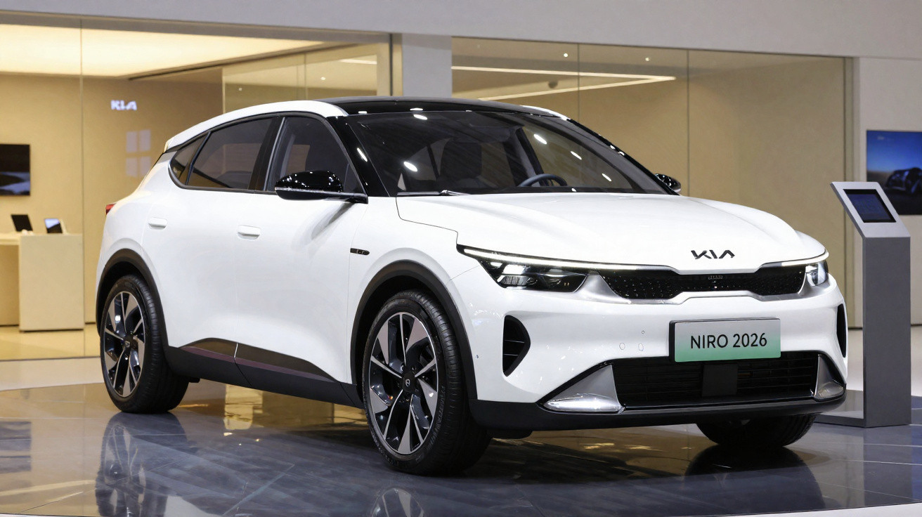 White 2026 Kia Niro electric SUV displayed indoors with sleek modern design and glossy black roof.
