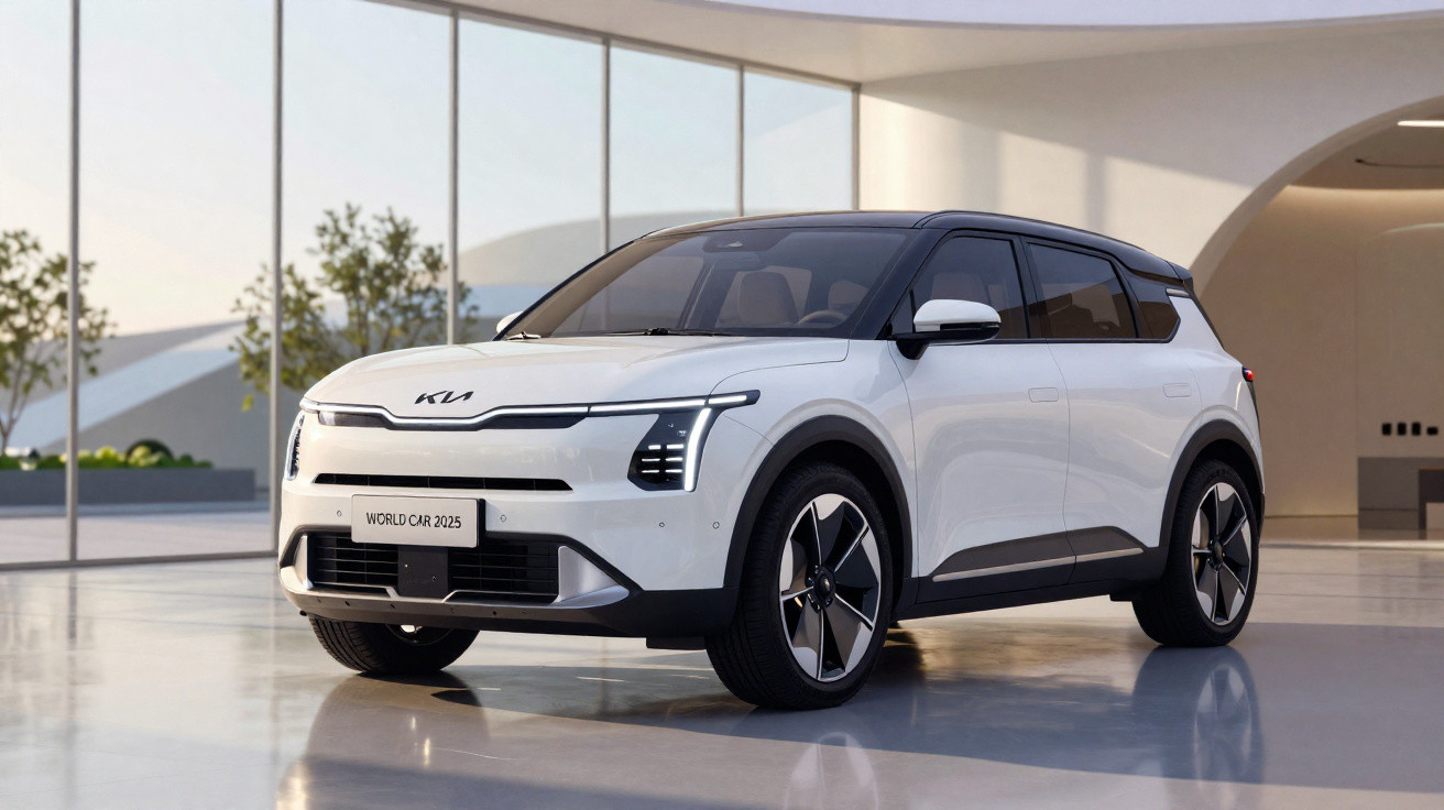 White electric SUV with modern LED headlights parked inside a bright, minimalist showroom.