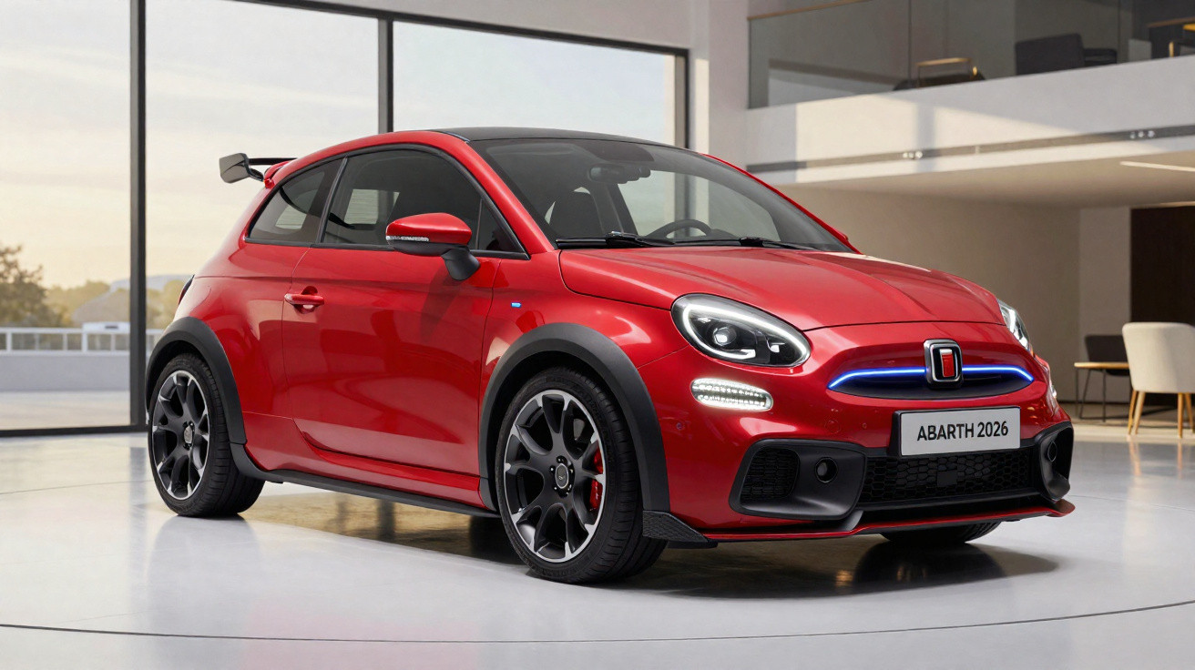 Red 2026 Abarth compact sports car displayed indoors with black detailing and alloy wheels