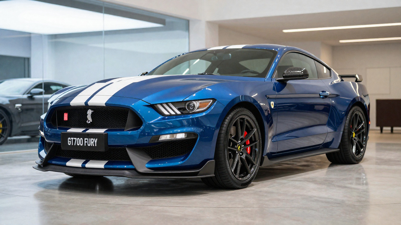 Blue Ford Mustang GT700 Fury with white racing stripes parked in a well-lit showroom.
