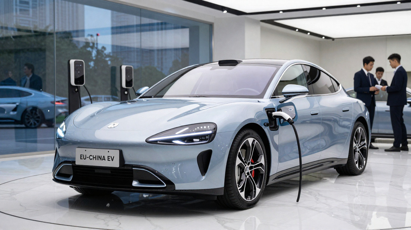 Light blue electric vehicle charging at a sleek showroom with three men talking in the background