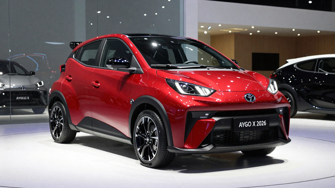 Red 2026 Toyota Aygo X compact crossover displayed indoors with black accents and alloy wheels.