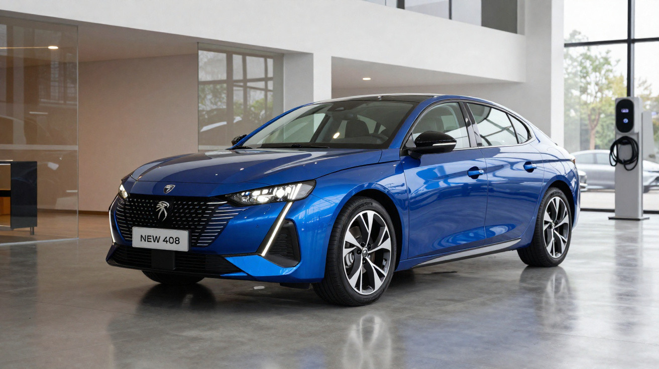 Blue Peugeot 408 electric car displayed indoors with modern design and visible charging station in background.