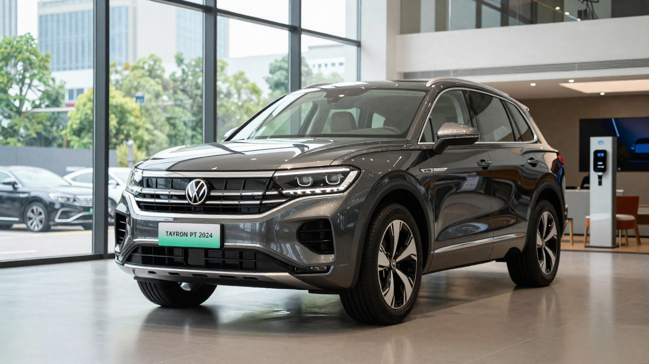 Grey 2024 Volkswagen Tayron PT SUV displayed inside a modern showroom with large windows.