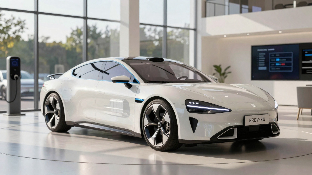White luxury electric sports car displayed indoors near a charging station with large windows in the background.