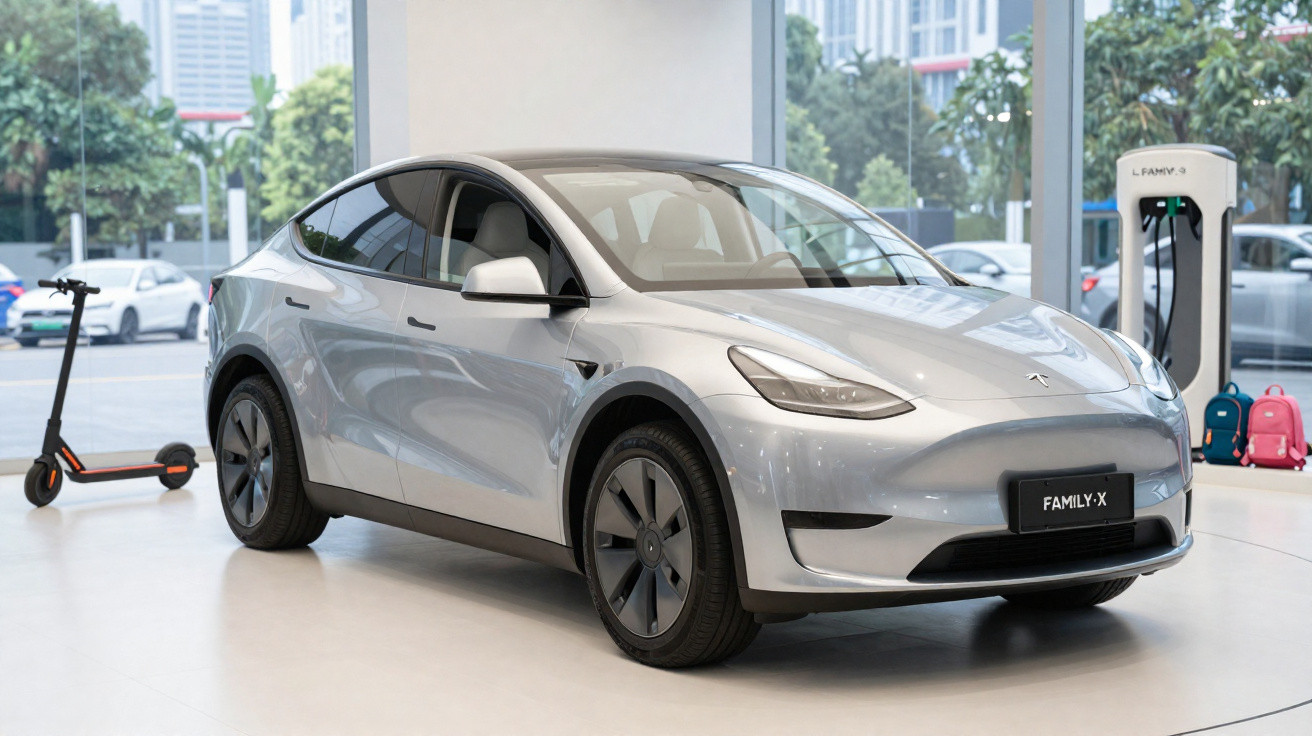 Silver electric SUV parked indoors near a charging station with an electric scooter in the background.