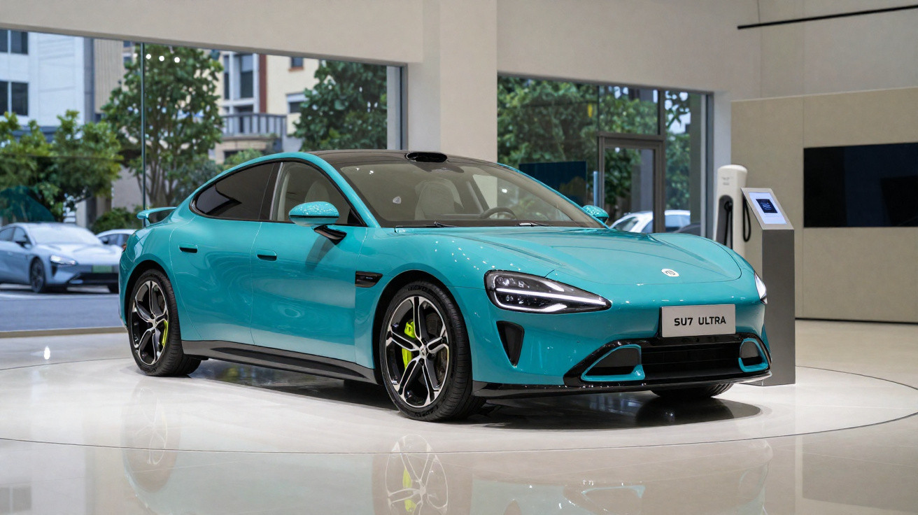 Sleek turquoise SU7 Ultra electric car displayed indoors with glossy floor and charging station nearby.