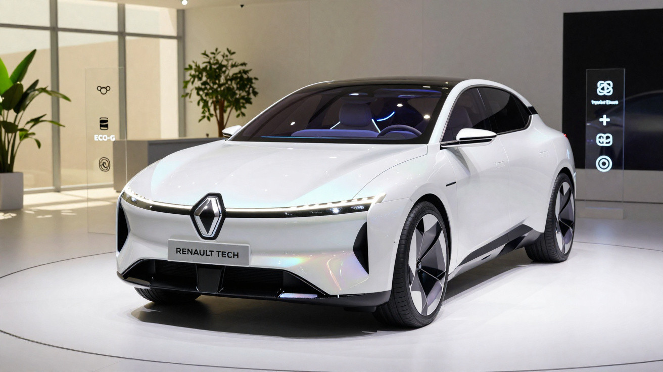 White Renault Tech electric concept car displayed indoors on a circular platform with modern decor.