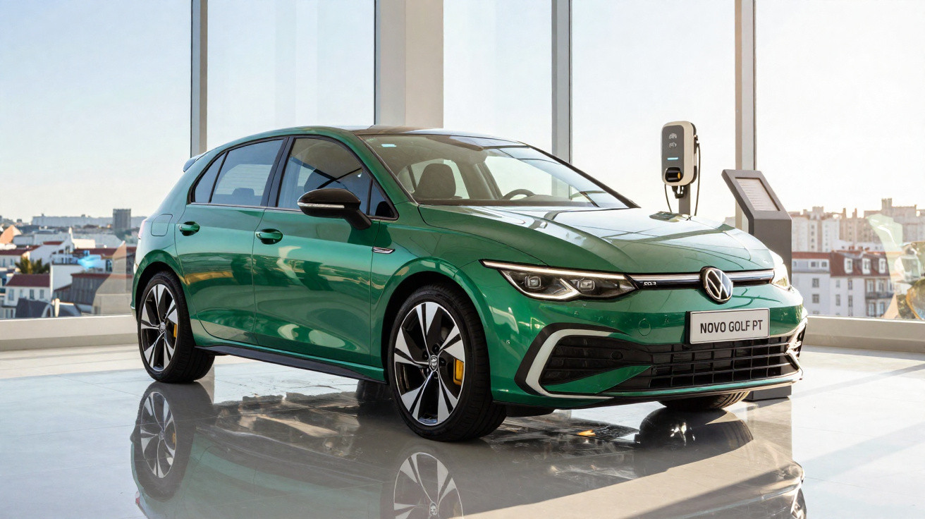 Green Volkswagen Novo Golf PT electric car displayed indoors next to a charging station with city views.
