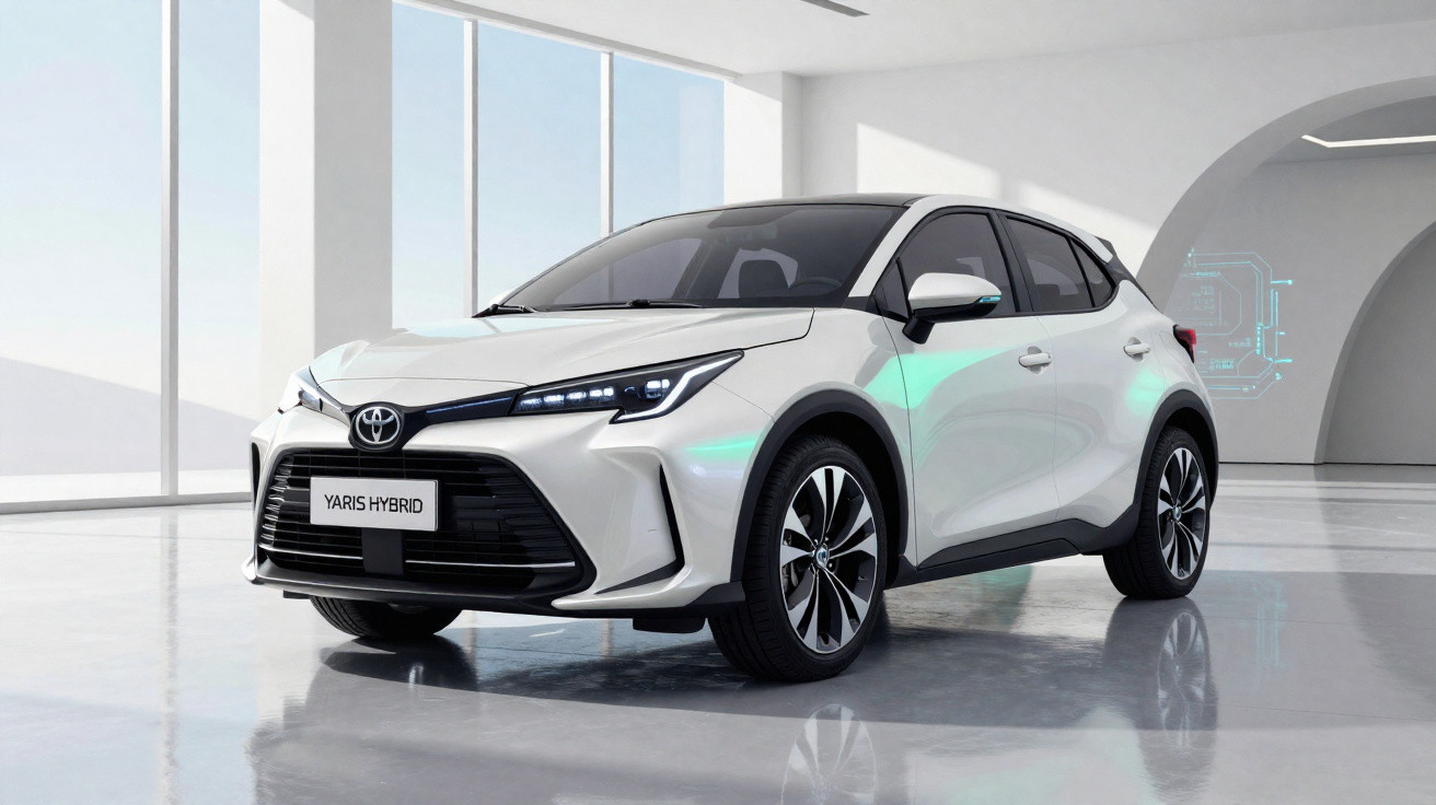 White Toyota Yaris Hybrid hatchback parked inside a modern showroom with large windows.