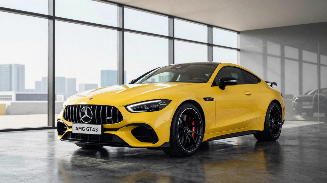 Yellow Mercedes-Benz AMG GT43 sports car parked in a modern glass-walled showroom with city skyline views.