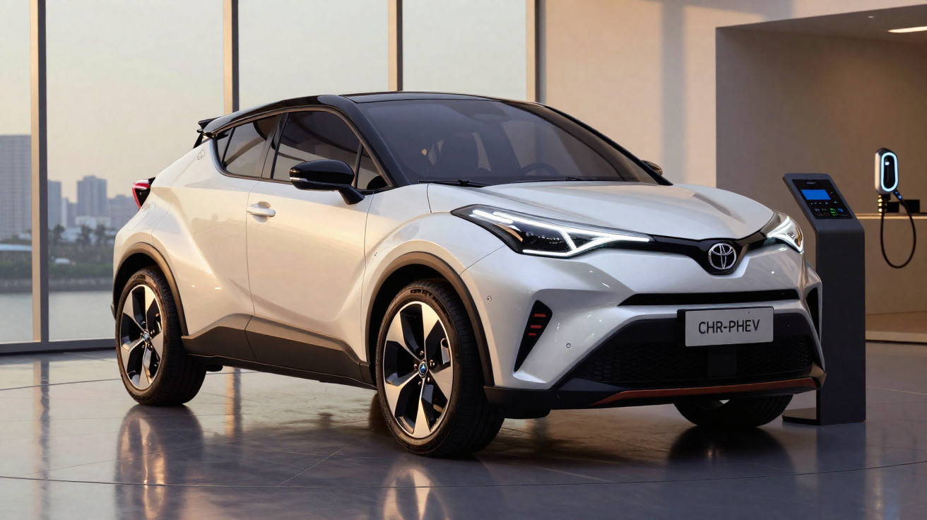 White Toyota CHR-PHEV plug-in hybrid car displayed indoors near a charging station with cityscape view.