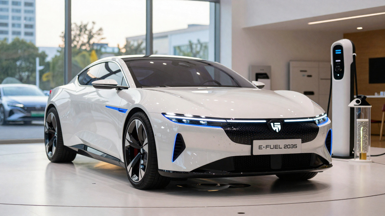 White futuristic electric sports car displayed indoors beside a charging station.