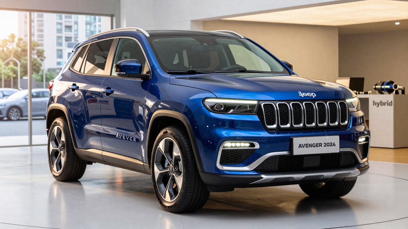 Blue 2024 Jeep Avenger compact SUV parked indoors with modern city buildings visible outside.