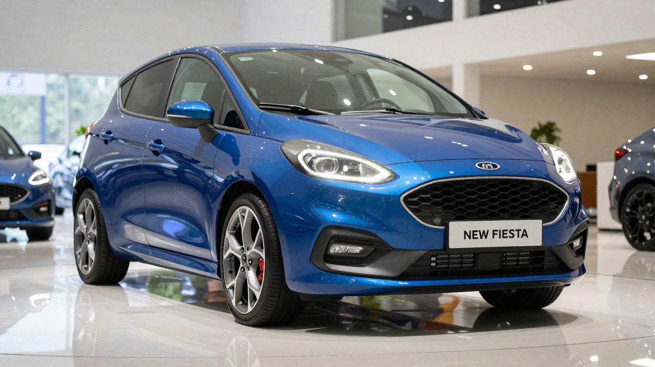 Blue Ford New Fiesta hatchback displayed in a showroom with reflective white flooring.