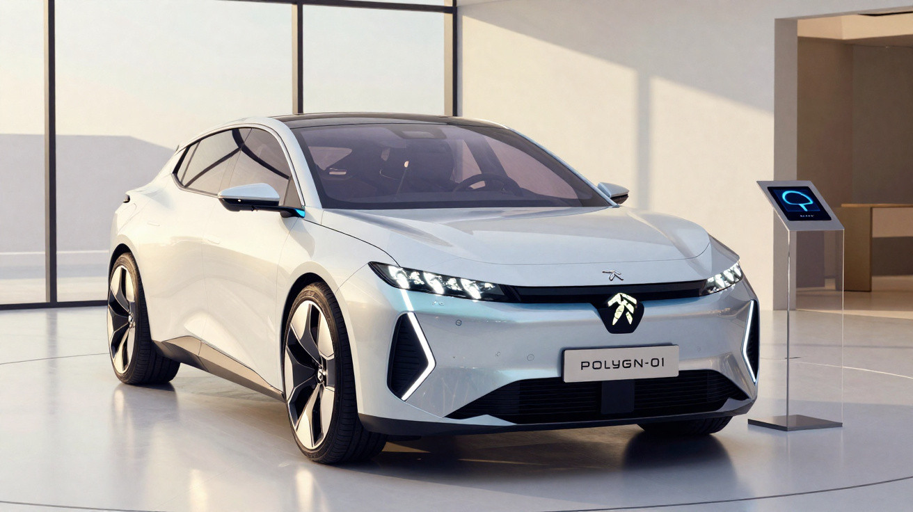 Sleek white Polygon-01 electric car displayed in a modern showroom with large windows and digital information stand.