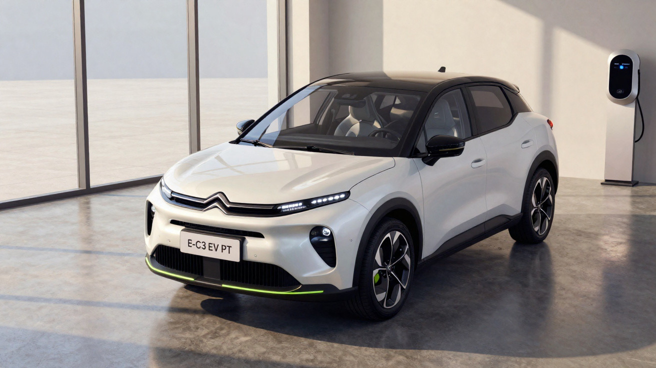 White Citroën E-C3 EV parked indoors beside an electric vehicle charging station.