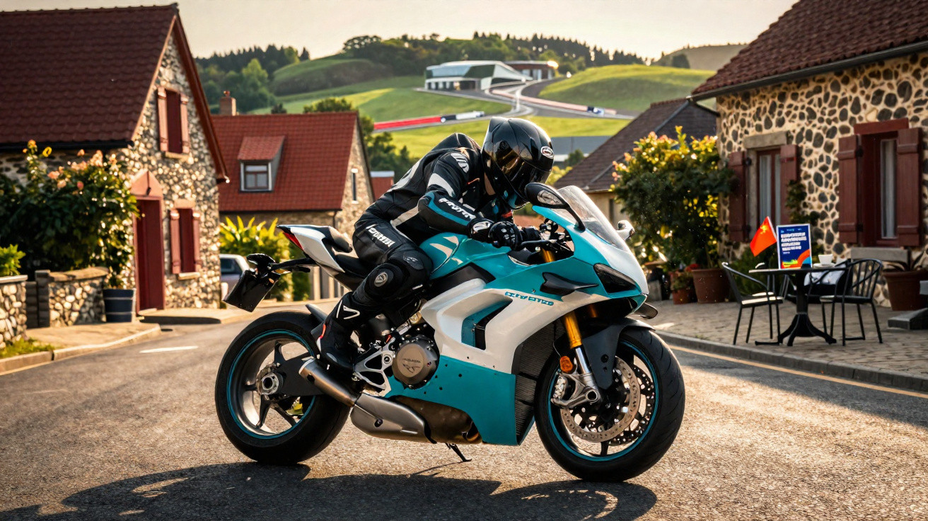 Motorcyclist in black gear on teal and white sportbike in village street with houses and hills in background.