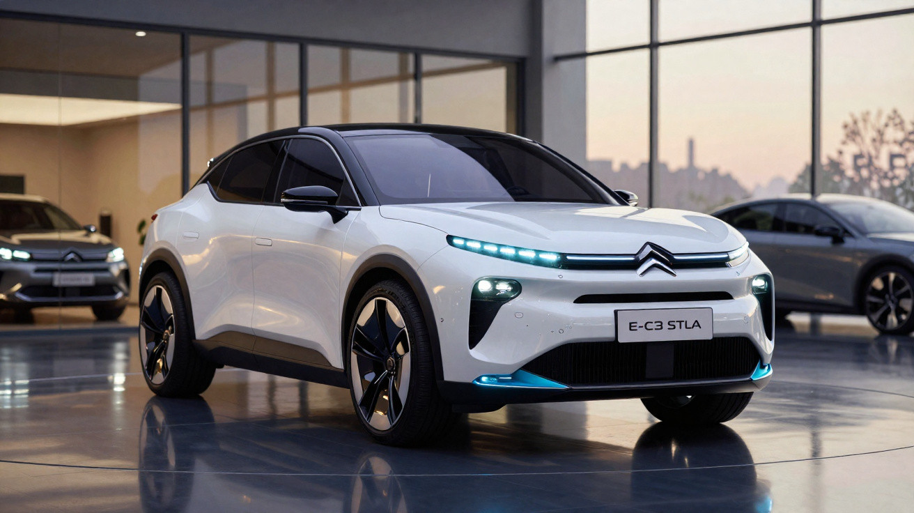 White Citroën E-C3 STLA electric car displayed indoors with sleek, modern design and illuminated daytime running lights.