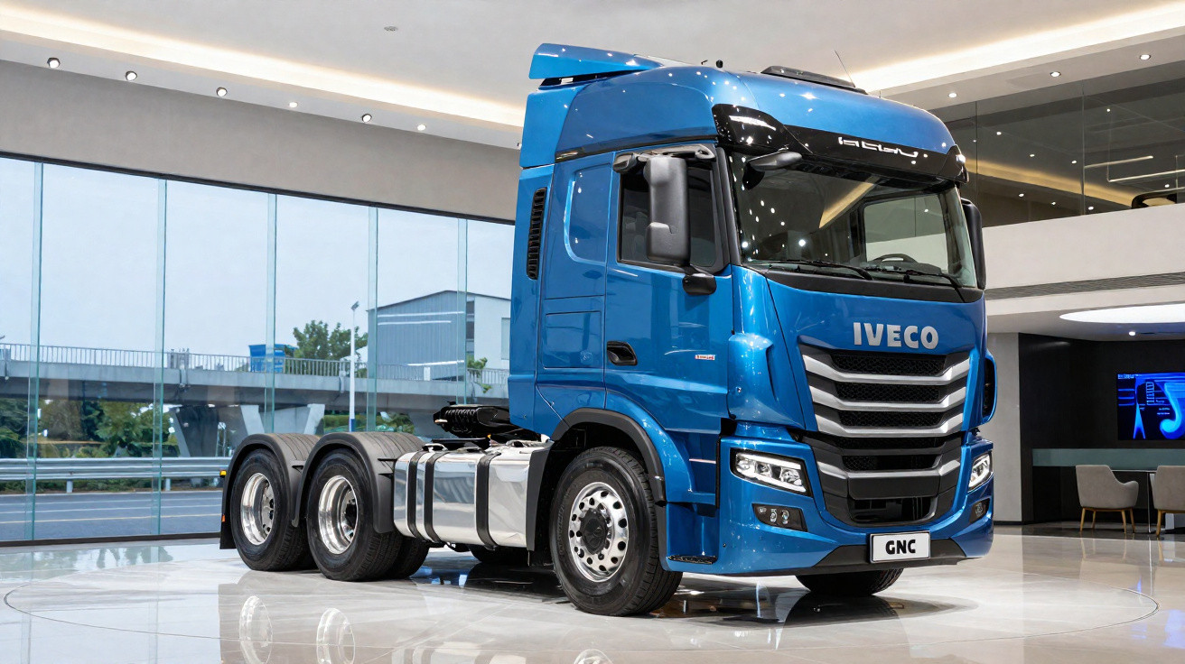 Blue Iveco heavy-duty truck displayed indoors on a glossy floor with large windows in the background.