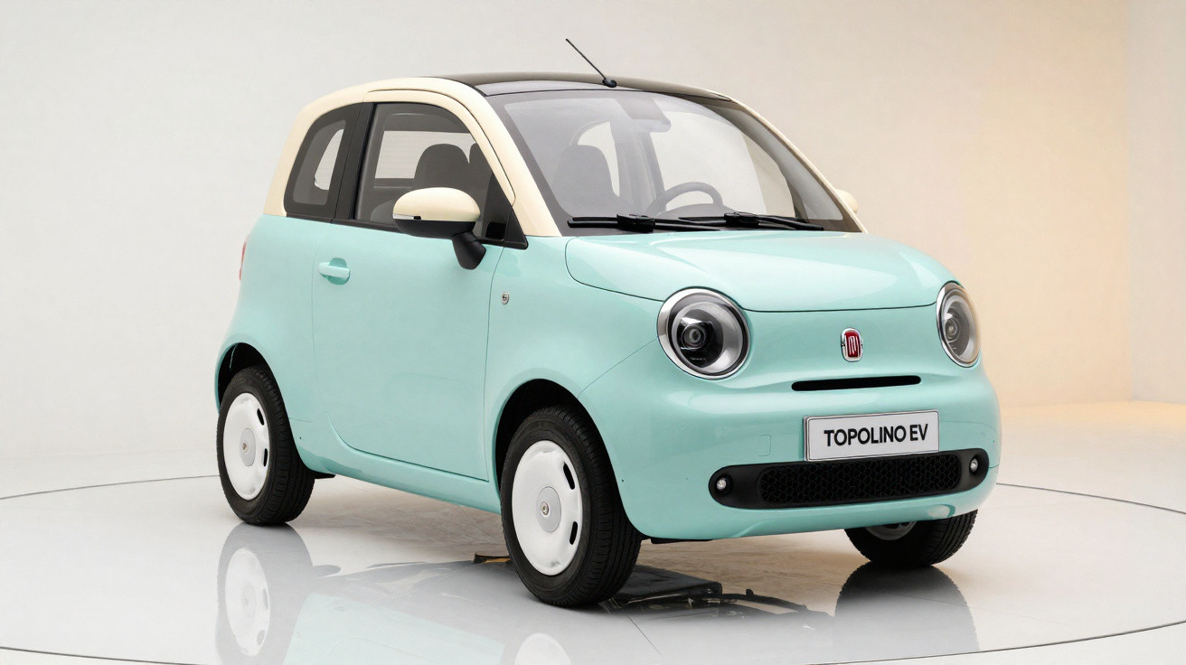 Fiat Topolino EV in pastel turquoise with cream roof, shown on a white reflective studio floor.