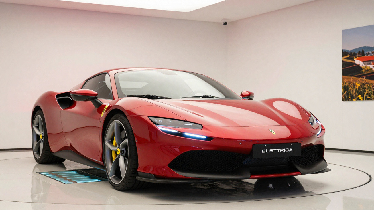 Red Ferrari Elettrica sports car displayed in a white showroom with sleek, aerodynamic design and yellow brake calipers.
